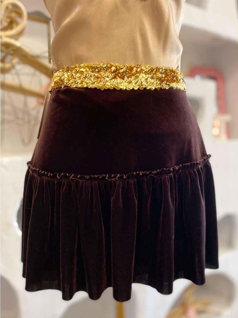 Y2K Dark Brown Sirens Tiered Ruffle Velvet Mini Skirt with Stretchy Sequin Waist